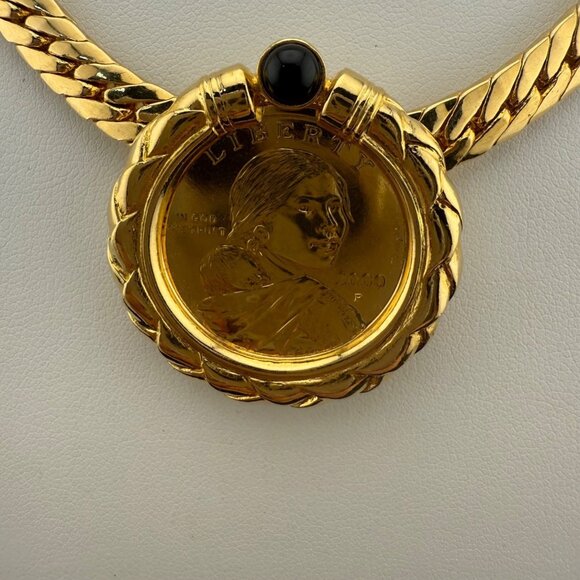 Sacagawea 2000 Liberty Coin Pendant On Gold-Plated Braided Chain Necklace With B - Picture 2 of 10